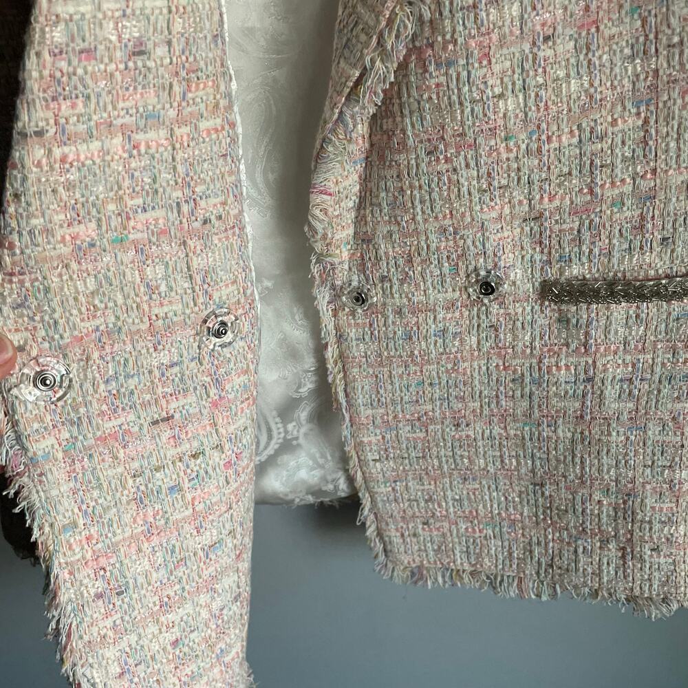 Guxi Pink Pastel Tweed Blazer with Pearls Fringe Preppy Old Money size XL - Picture 6 of 10